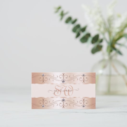 Luxurious Rose Gold Ornate Borders Jewels Monogram 名刺 (スタンド正面)