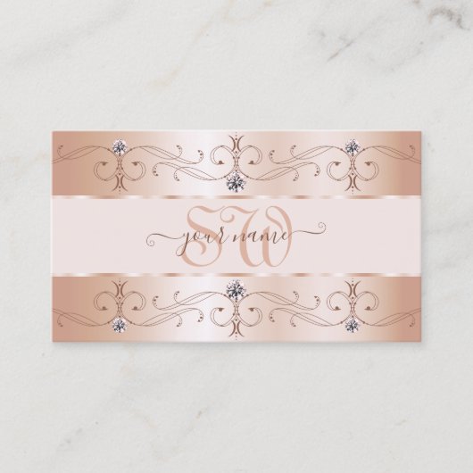 Luxurious Rose Gold Ornate Borders Jewels Monogram 名刺 (正面)