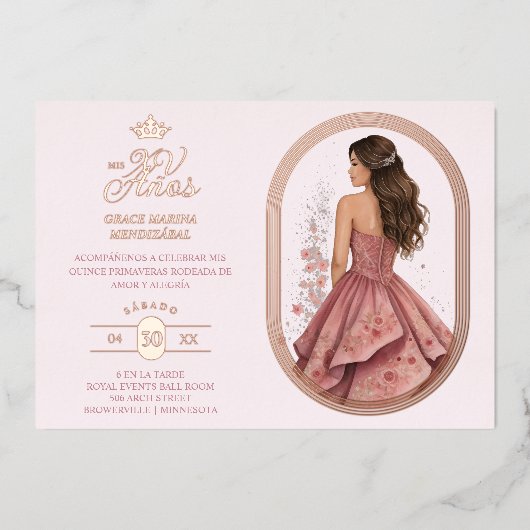 Luxurious Rose Gold Oval Frame Charming MIs XV 箔招待状 (正面)