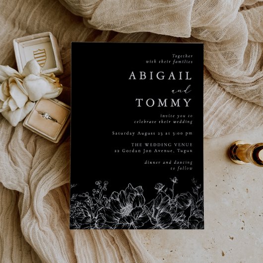 Luxurious Silver Foil Floral Modern Black Wedding 箔招待状