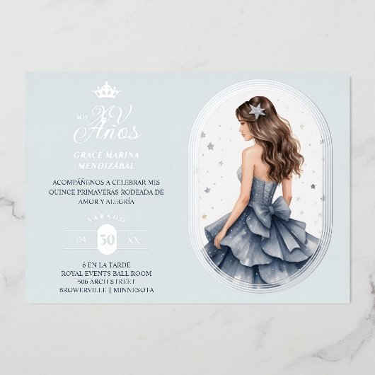 Luxurious Silver Oval Frame Charming Quinceañera  箔招待状 (正面)