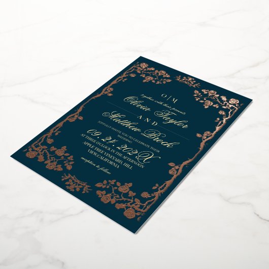 Luxurious Teal Gold Foil Floral Wedding 箔招待状 (回転した状態)