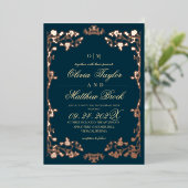 Luxurious Teal Gold Foil Floral Wedding 箔招待状 (立ち正面)