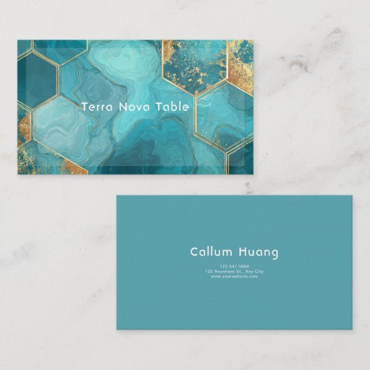 Luxurious Teal Gold Hexagon Geometric Agate Fluid 名刺 (正面/裏面)