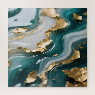 Luxurious Teal Gold Leaf Fluid Marble ジグソーパズル