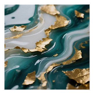 Luxurious Teal Gold Leaf Fluid Marble ポスター