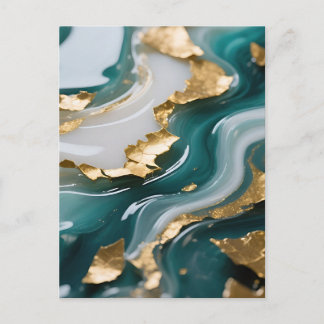 Luxurious Teal Gold Leaf Fluid Marble ポストカード