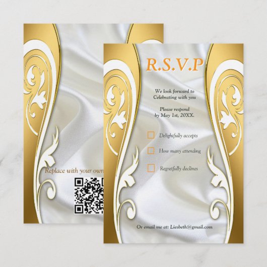 Luxurious, White, Flowing Silk &  Gold Roses. 出欠カード (正面/裏面)