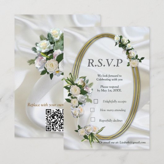 Luxurious, White, Flowing Silk &  Gold Roses. 出欠カード (正面/裏面)