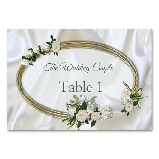Luxurious, White, Flowing Silk & White Roses. テーブルナンバー (正面)