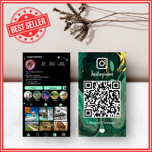 LUXURY グリーン&ブラック Instagram マーブル アゲート QR 名刺