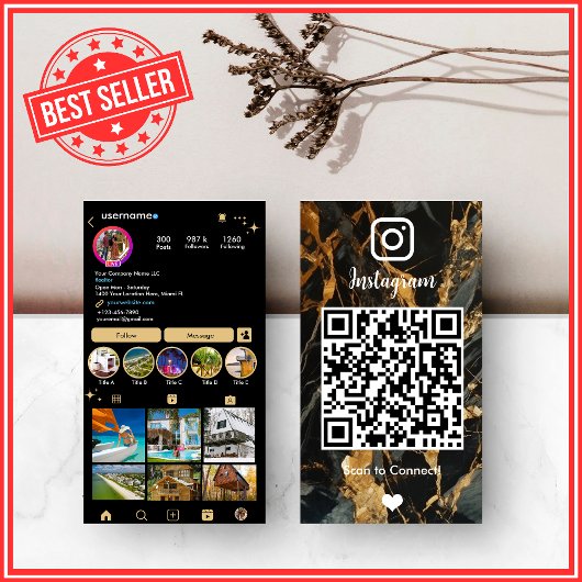LUXURY ゴールド&ブラック Instagram マーブル アゲート QR 名刺