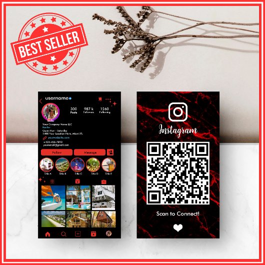 LUXURY 赤と黒のInstagramマーブルアゲートQR 名刺