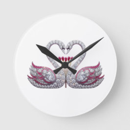 Luxury 3D Diamond Swans Heart - Elegant Wall Clock ラウンド壁時計