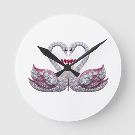 Luxury 3D Diamond Swans Heart - Elegant Wall Clock ラウンド壁時計 (正面)