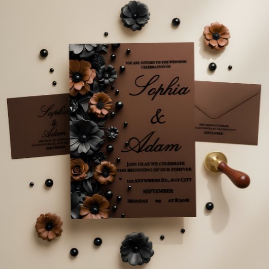 Luxury 3D Floral Bronze & Black Wedding Invitation 出欠カード