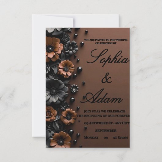 Luxury 3D Floral Bronze & Black Wedding Invitation 出欠カード (正面)