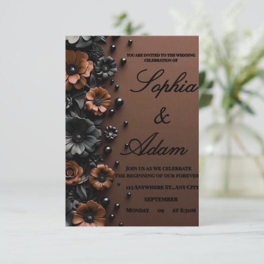 Luxury 3D Floral Bronze & Black Wedding Invitation 出欠カード (スタンド正面)