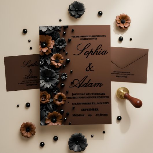 Luxury 3D Floral Bronze & Black Wedding Invitation 招待状