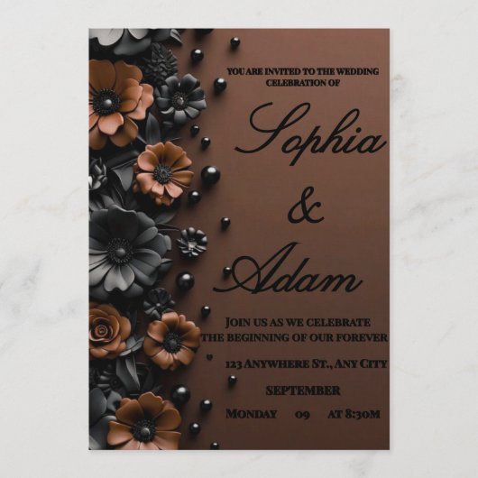 Luxury 3D Floral Bronze & Black Wedding Invitation 招待状 (正面)
