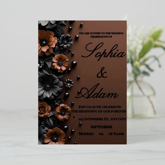 Luxury 3D Floral Bronze & Black Wedding Invitation 箔招待状 (立ち正面)