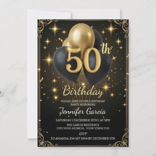 Luxury 50th Birthday Black Gold Balloon Glitter 招待状 (正面)