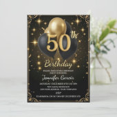 Luxury 50th Birthday Black Gold Balloon Glitter 招待状 (スタンド正面)