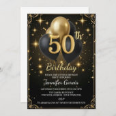 Luxury 50th Birthday Black Gold Balloon Glitter 招待状 (正面/裏面)