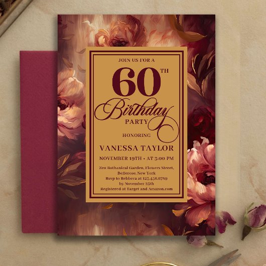 Luxury 60 Birthday Burgundy Blush Gold Watercolor 招待状