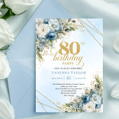 Luxury 80th Birthday Invite Boho Dusty Blue Gold 招待状