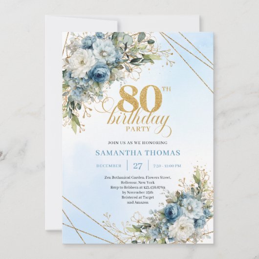 Luxury 80th Birthday Invite Boho Dusty Blue Gold 招待状 (正面)