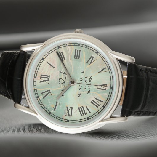 Luxury Aqua Marbled Men's Black Leather Strap 腕時計