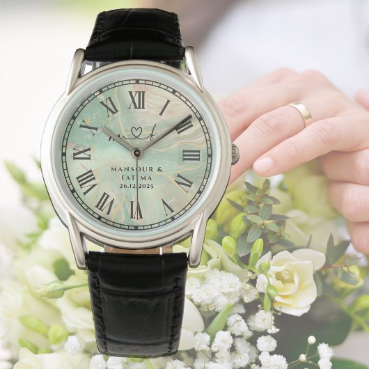 Luxury Aqua Marbled Men's Black Leather Strap 腕時計