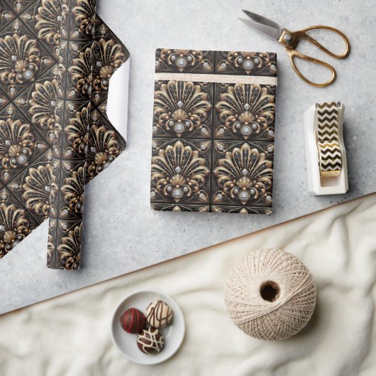 Luxury Art Deco Black & Gold Faux Diamond Wrapping ラッピングペーパー (クラフト)