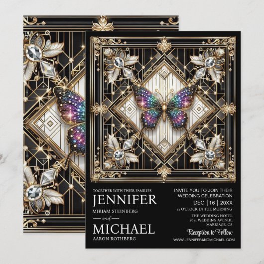 Luxury Art Deco Rainbow Butterfly Wedding  招待状 (正面/裏面)
