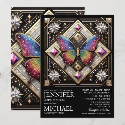 Luxury Art Deco Rainbow Butterfly Wedding 招待状 (正面/裏面)