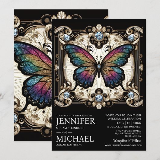 Luxury Art Deco Rainbow Butterfly Wedding  招待状 (正面/裏面)
