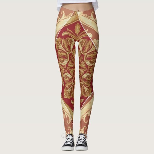 Luxury Athleisure: Golden Red Ornate Full-Length L レギンス (正面)