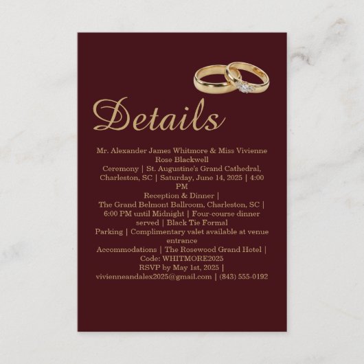 Luxury Auburn Brown & Gold Ring Wedding Details エンクロージャーカード (正面)
