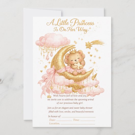 Luxury Baby Girl Shower Invitation Pink Gold Moon  招待状 (正面)