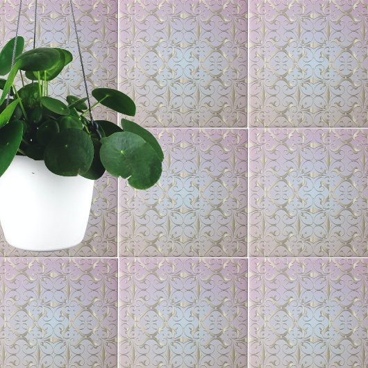 Luxury Baroque Gold Damask Pattern On Pastel Ombre タイル