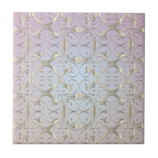 Luxury Baroque Gold Damask Pattern On Pastel Ombre タイル (正面)