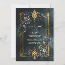 Luxury Baroque Gold Frame Dark Teal Floral Wedding 招待状