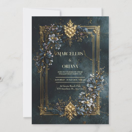 Luxury Baroque Gold Frame Dark Teal Floral Wedding 招待状 (正面)