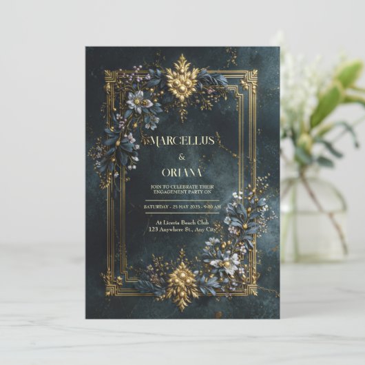 Luxury Baroque Gold Frame Dark Teal Floral Wedding 招待状 (スタンド正面)