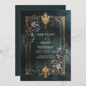 Luxury Baroque Gold Frame Dark Teal Floral Wedding 招待状 (正面/裏面)