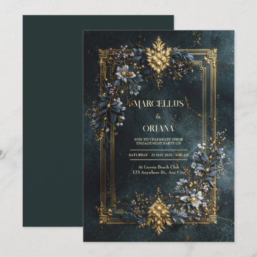 Luxury Baroque Gold Frame Dark Teal Floral Wedding 招待状 (正面/裏面)
