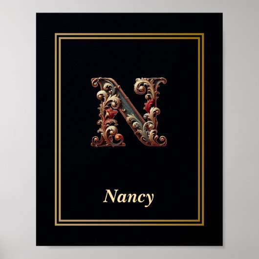 Luxury Baroque Letter N Monogram Poster  ポスター (正面)