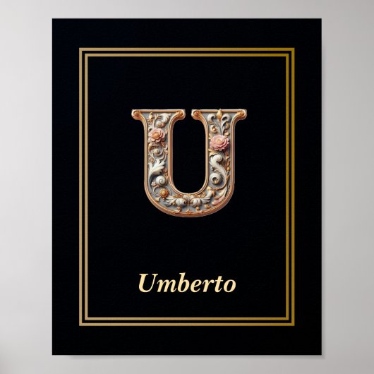 Luxury Baroque Letter U Monogram Poster  ポスター (正面)