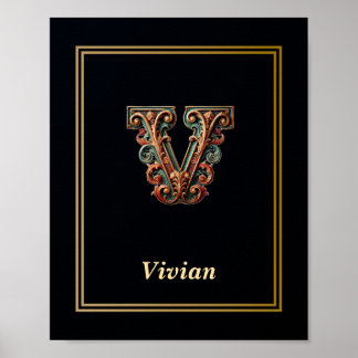 Luxury Baroque Letter V Monogram Poster  ポスター